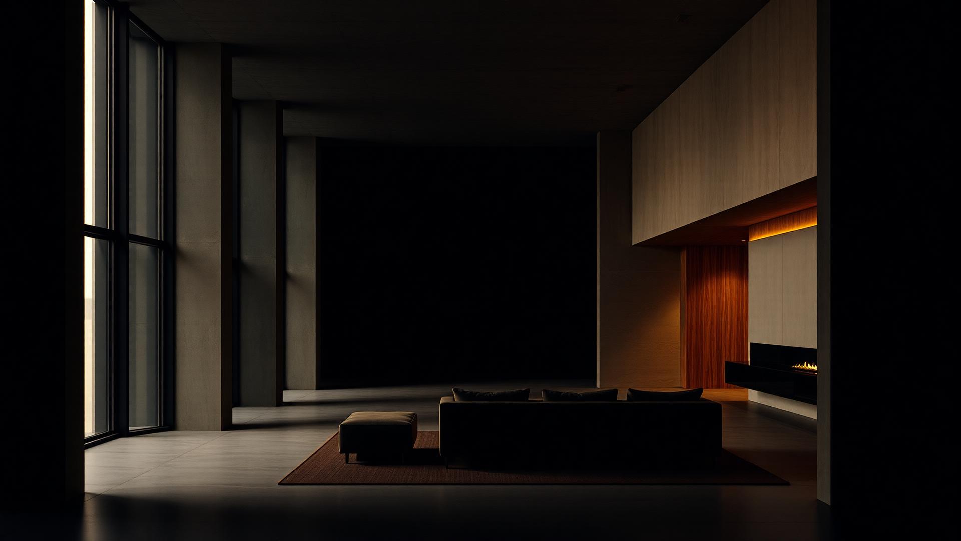 Dimly lit contemporary interior with warm ambient light and deep shadows