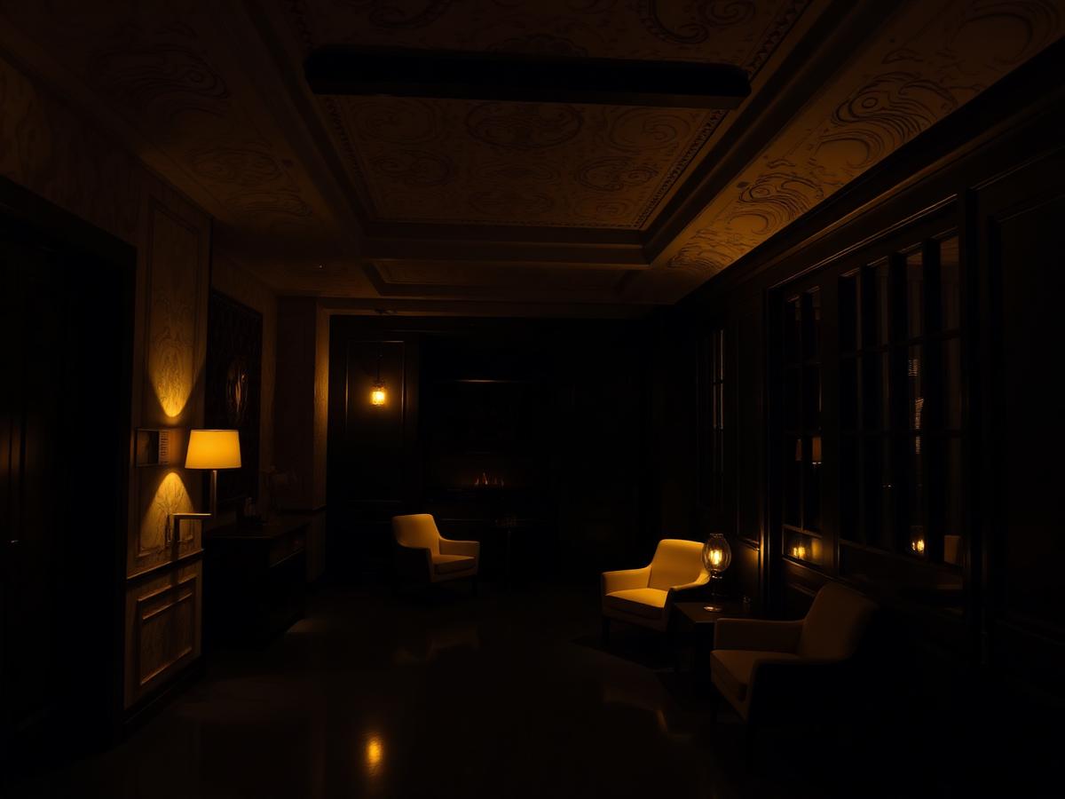 Boutique hotel lobby at night with low warm lamp light