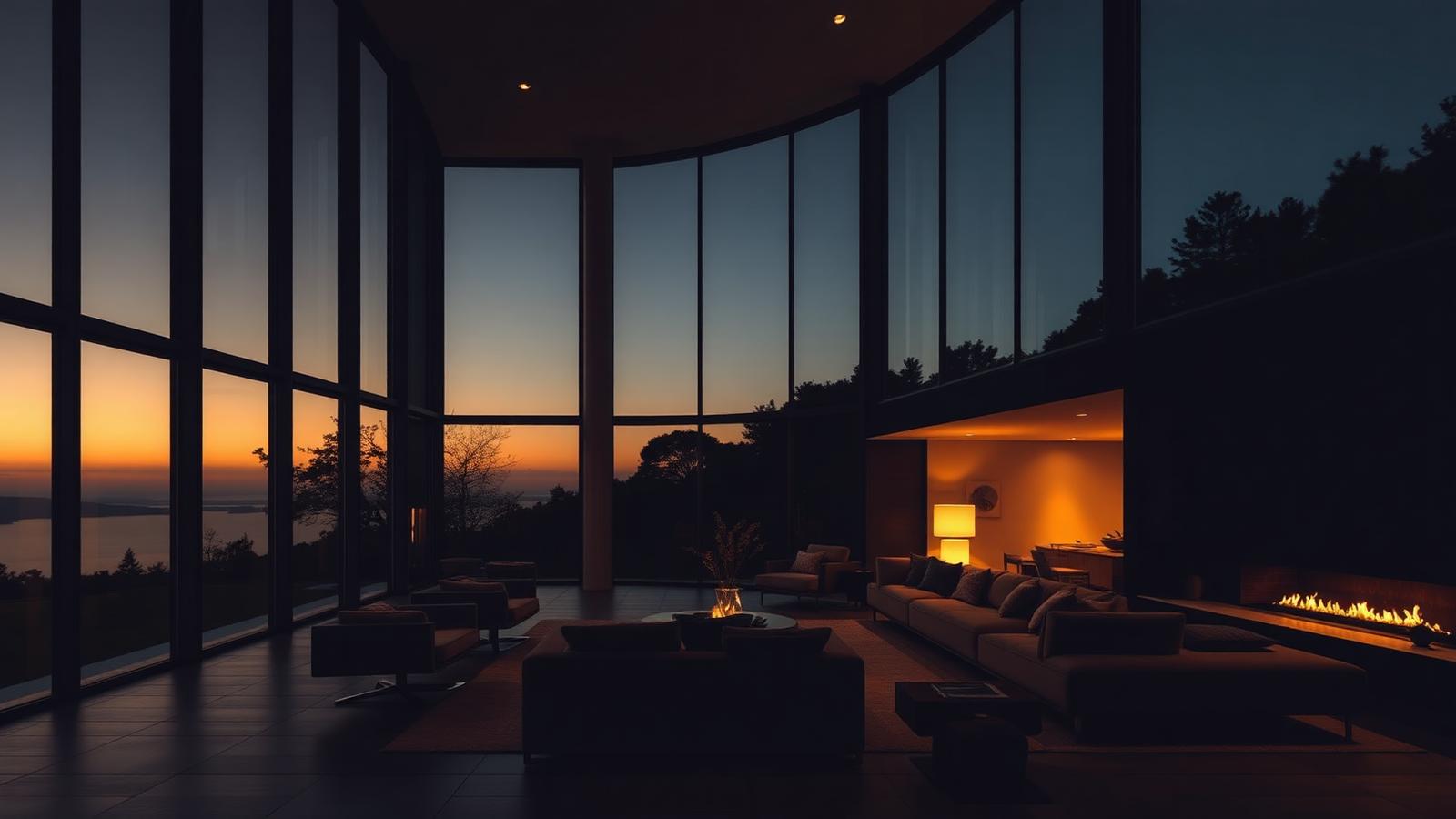Modern villa living room at dusk with warm interior lighting